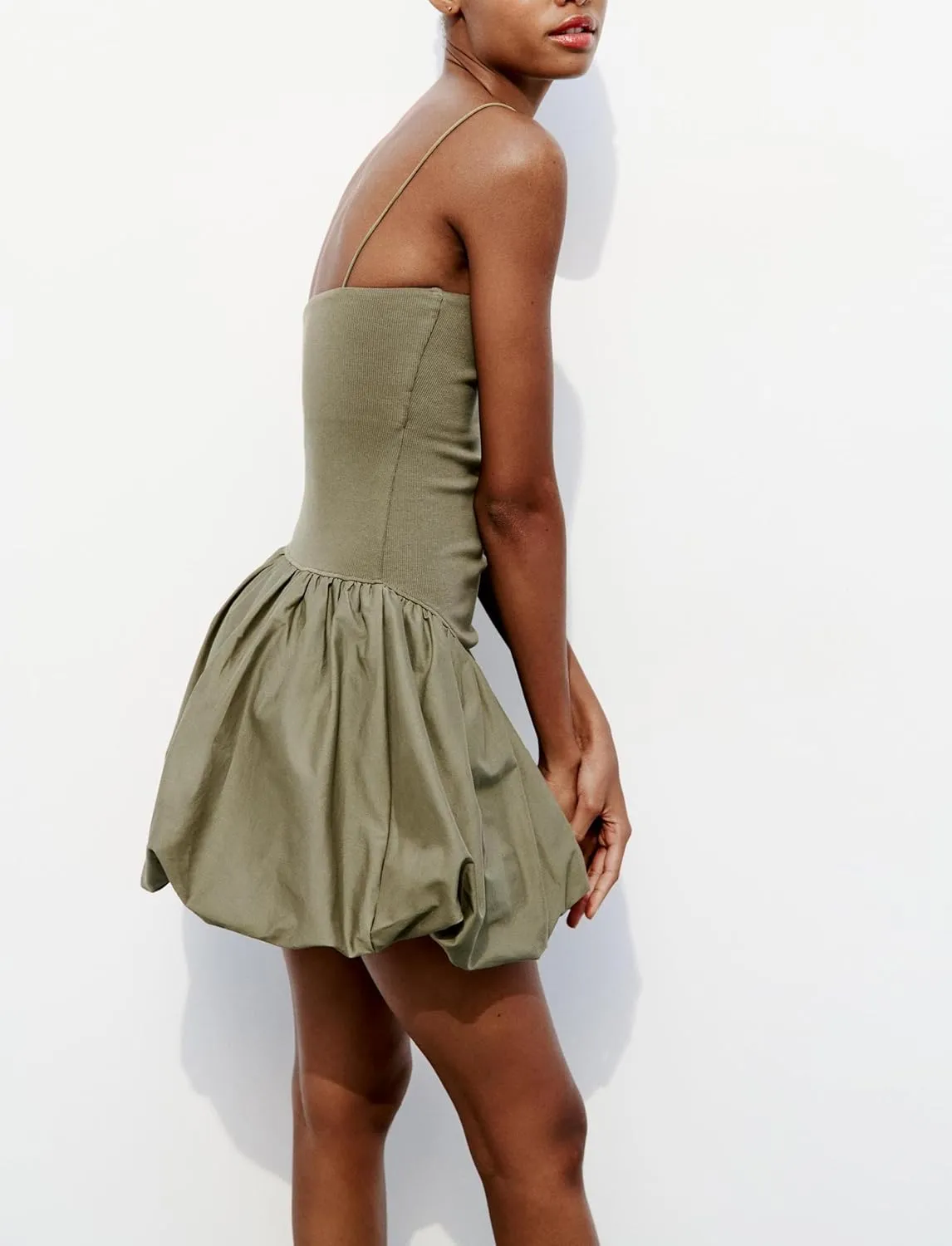 Women Summer Sleeveless Mini Dress Smocked Neck Spaghetti Strap Rib Poplin Balloon Dress Bubble Skirt Short Dress