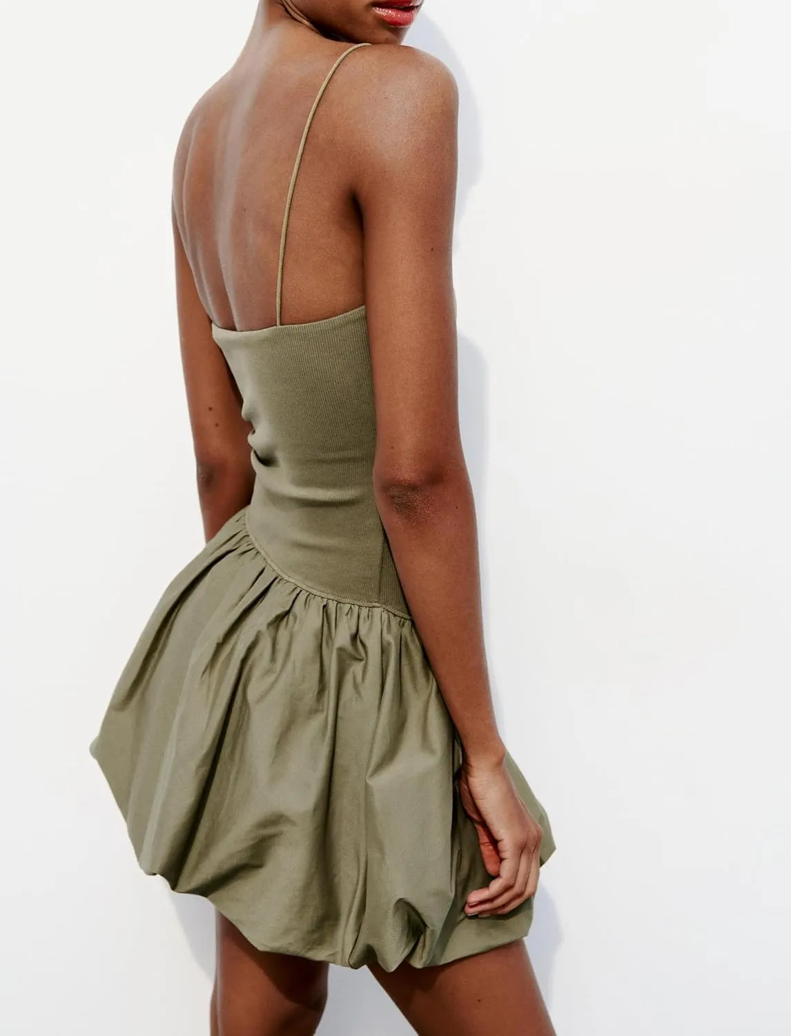 Women Summer Sleeveless Mini Dress Smocked Neck Spaghetti Strap Rib Poplin Balloon Dress Bubble Skirt Short Dress
