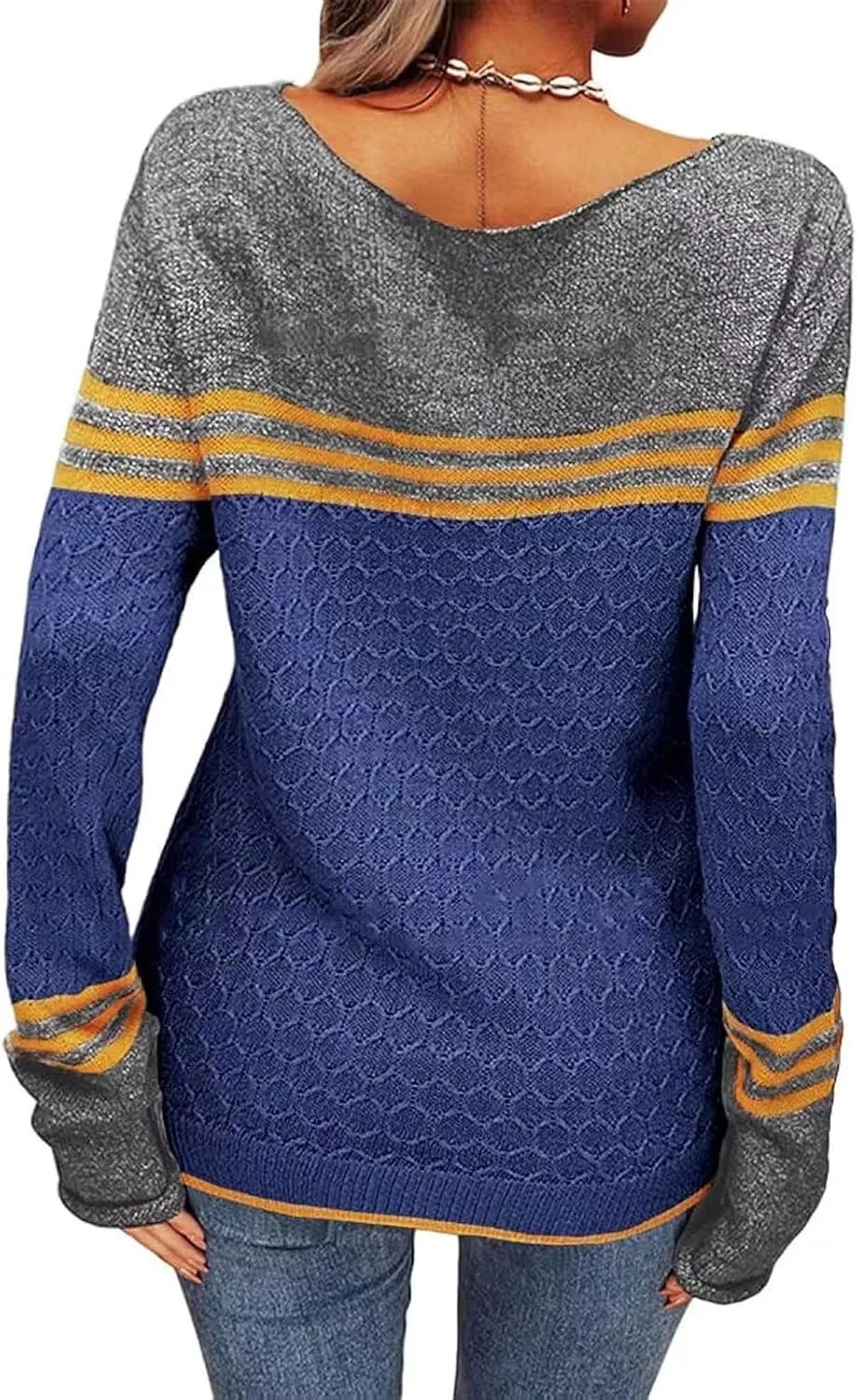 Women Trendy 2023 Sweaters Autumn Winter Colorblock Pullover Sweaters Crewneck Striped Slim Fitting Knitwear Tops