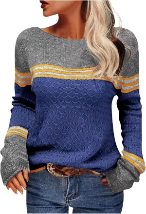 Women Trendy 2023 Sweaters Autumn Winter Colorblock Pullover Sweaters Crewneck Striped Slim Fitting Knitwear Tops