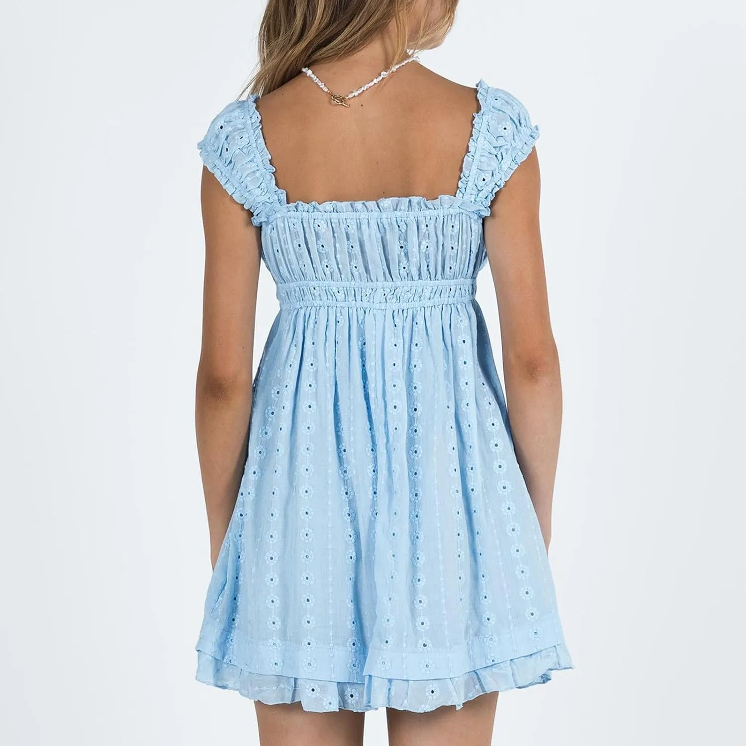 Women Y2k Babydoll Mini Dress Sleeveless Lace Trim Square Neck Floral Embroidery Swing Short Dress Boho Sundress
