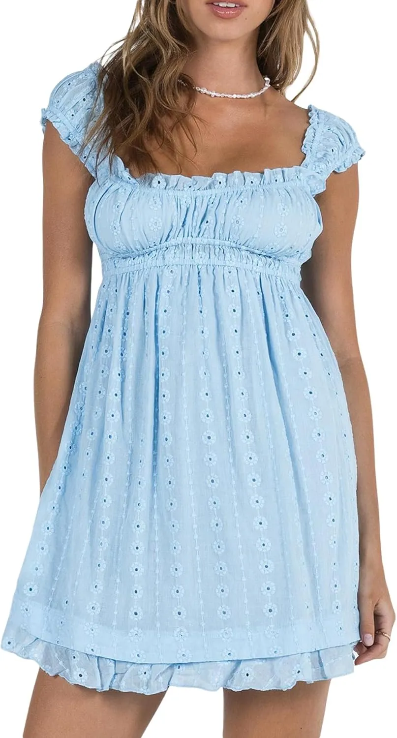 Women Y2k Babydoll Mini Dress Sleeveless Lace Trim Square Neck Floral Embroidery Swing Short Dress Boho Sundress