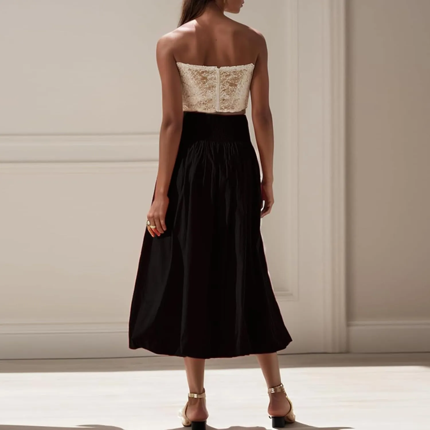 Women Y2k Bubble Maxi Skirt Elastic Low Waist Pleated Long Skirt Ruffle A Line Puffy Midi Skirt Streetwear
