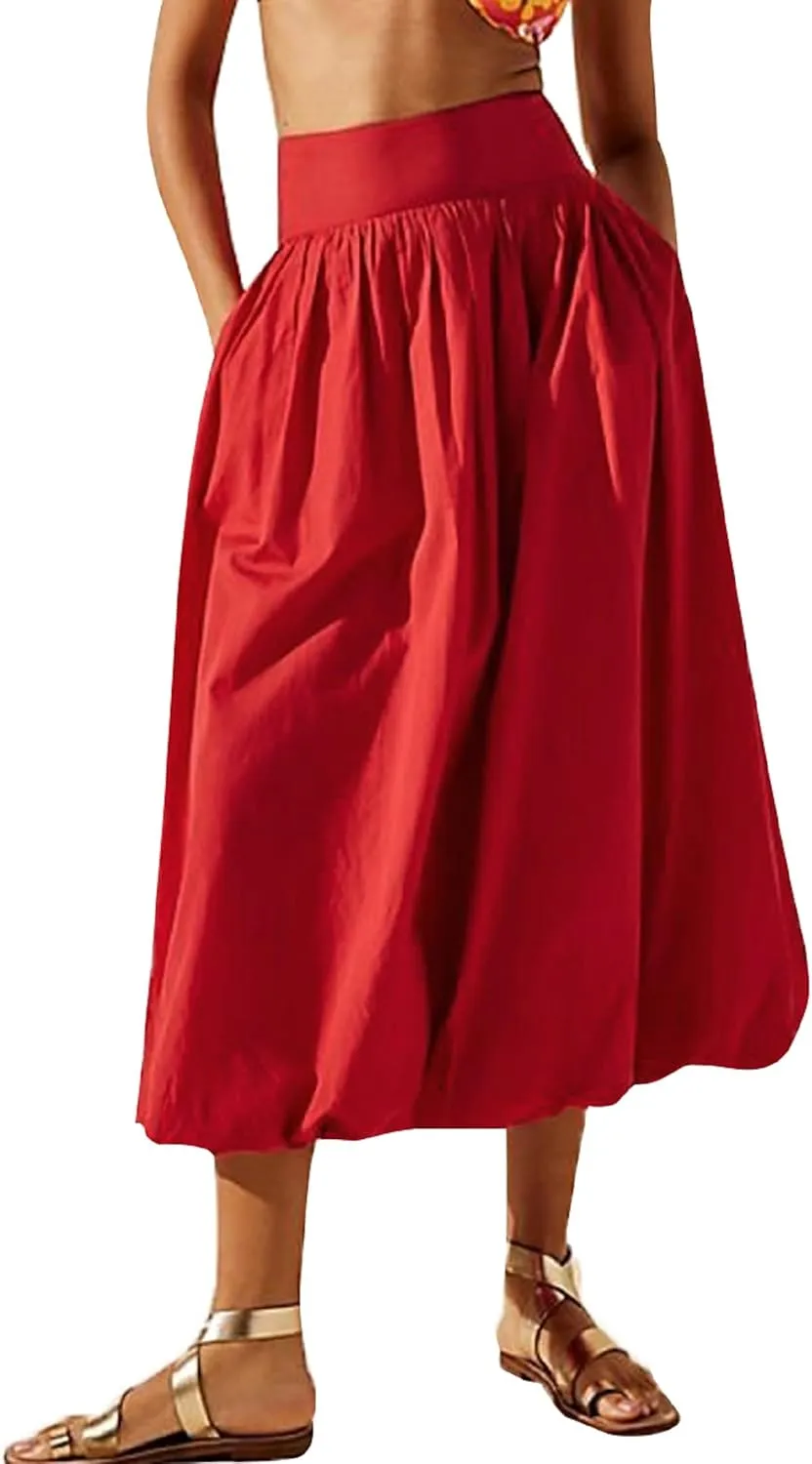 Women Y2k Bubble Maxi Skirt Elastic Low Waist Pleated Long Skirt Ruffle A Line Puffy Midi Skirt Streetwear