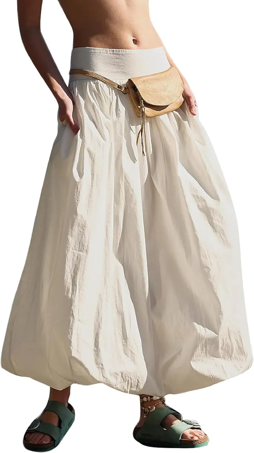 Women Y2k Bubble Maxi Skirt Elastic Low Waist Pleated Long Skirt Ruffle A Line Puffy Midi Skirt Streetwear