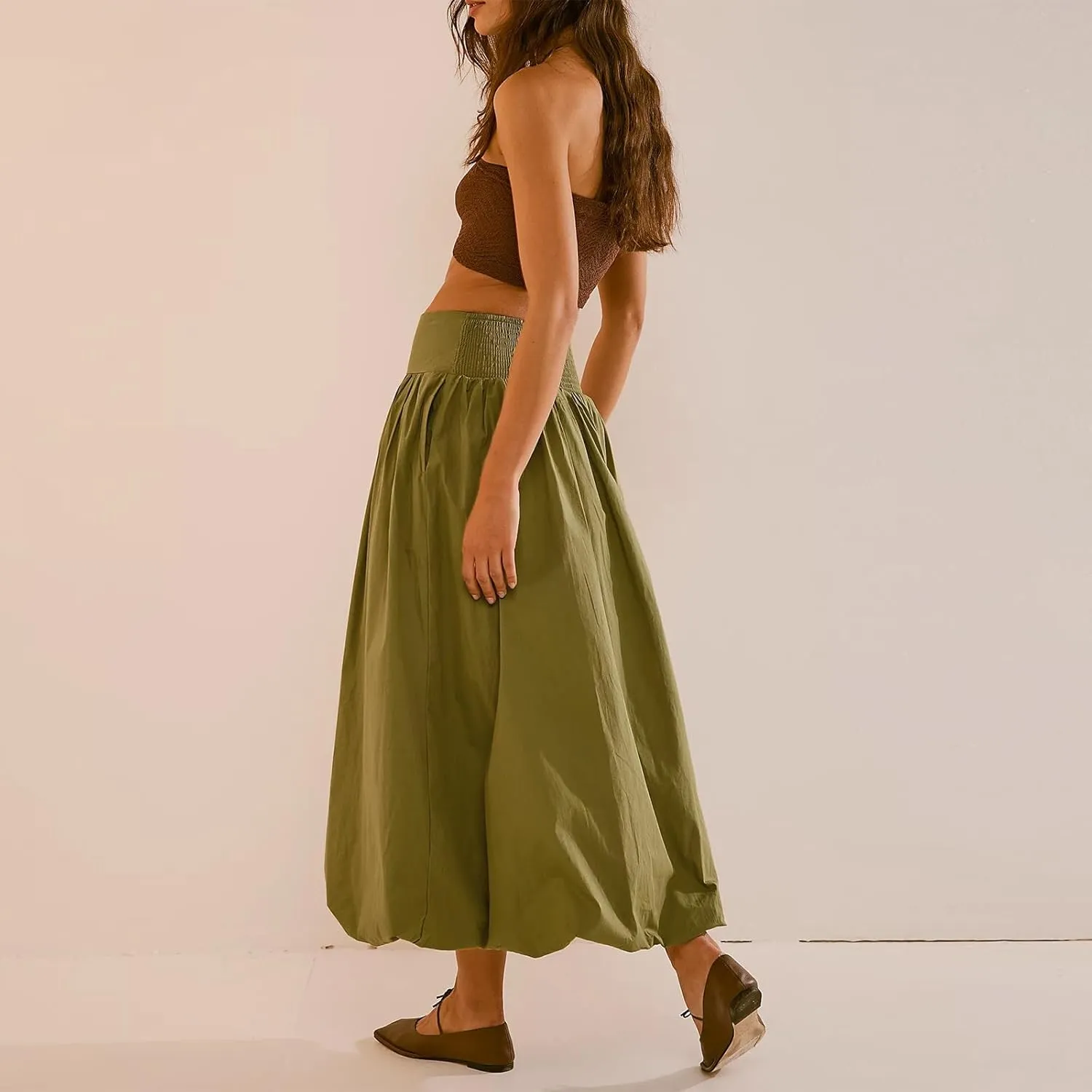 Women Y2k Bubble Maxi Skirt Elastic Low Waist Pleated Long Skirt Ruffle A Line Puffy Midi Skirt Streetwear