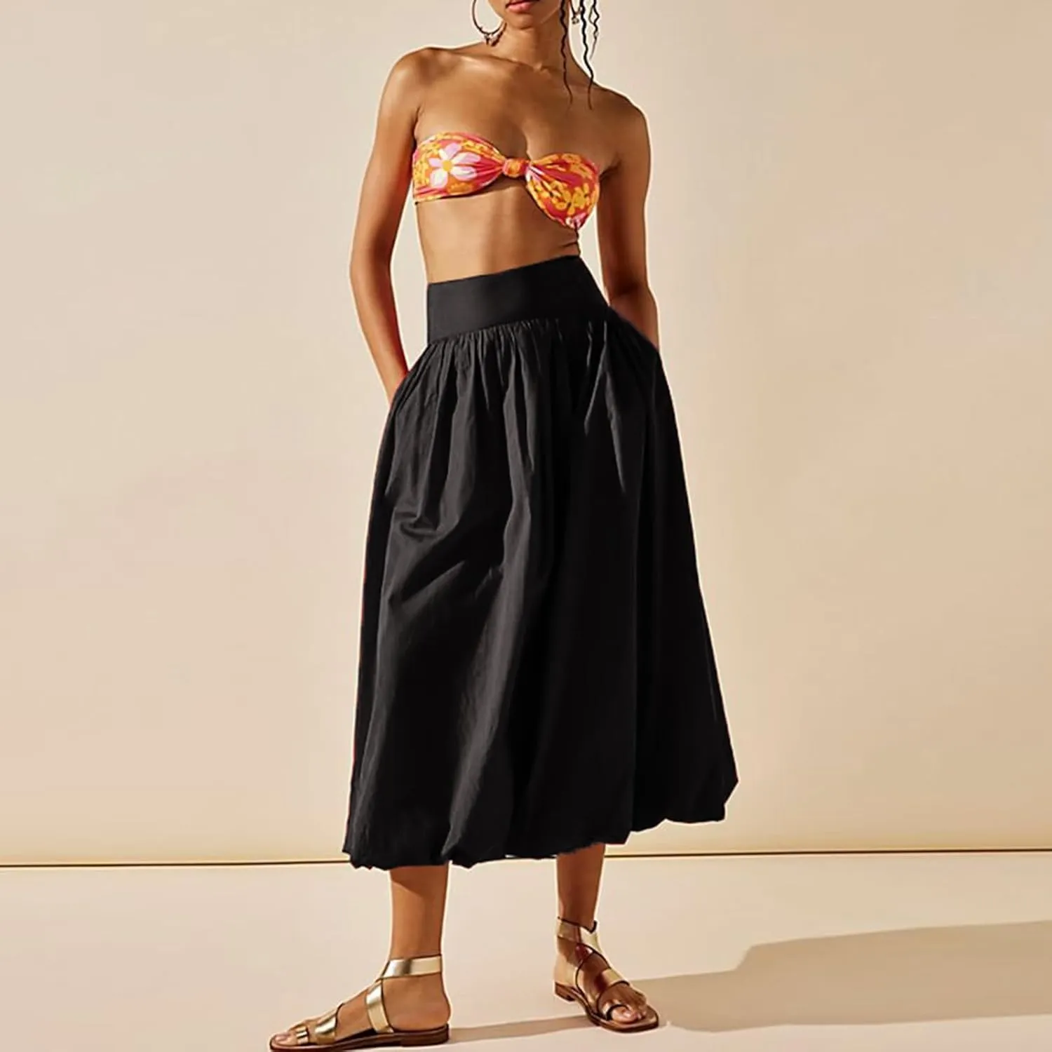 Women Y2k Bubble Maxi Skirt Elastic Low Waist Pleated Long Skirt Ruffle A Line Puffy Midi Skirt Streetwear