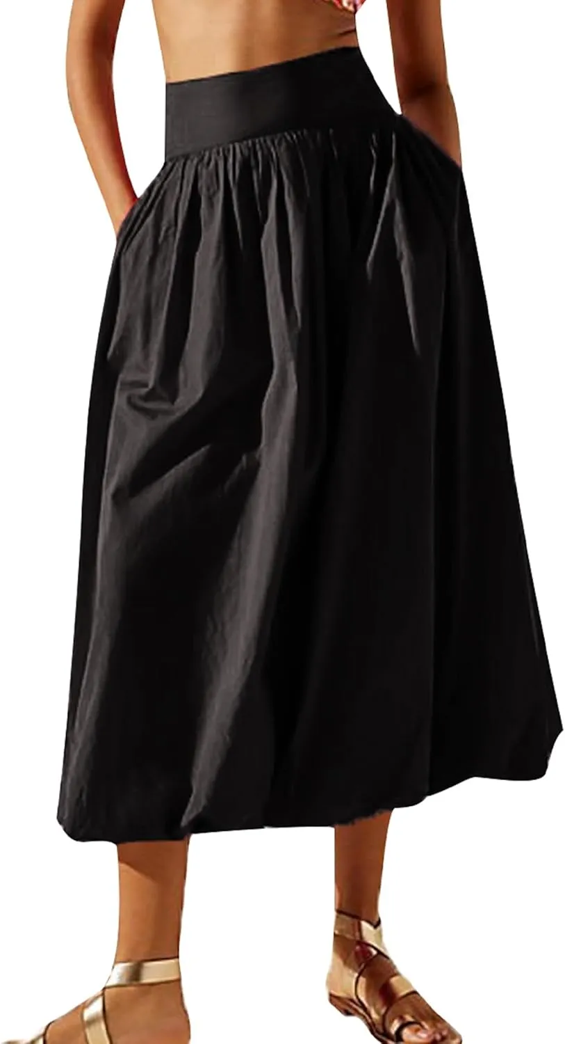 Women Y2k Bubble Maxi Skirt Elastic Low Waist Pleated Long Skirt Ruffle A Line Puffy Midi Skirt Streetwear