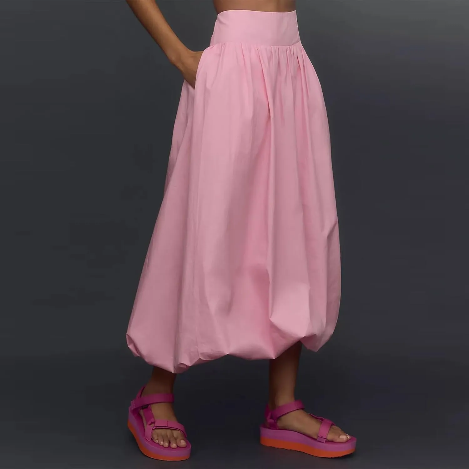 Women Y2k Bubble Maxi Skirt Elastic Low Waist Pleated Long Skirt Ruffle A Line Puffy Midi Skirt Streetwear