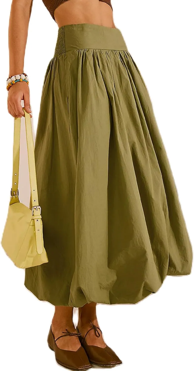 Women Y2k Bubble Maxi Skirt Elastic Low Waist Pleated Long Skirt Ruffle A Line Puffy Midi Skirt Streetwear