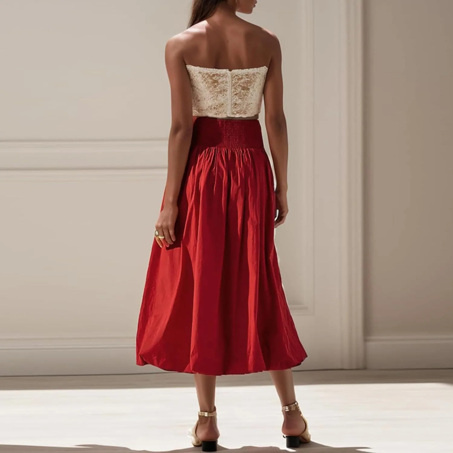 Women Y2k Bubble Maxi Skirt Elastic Low Waist Pleated Long Skirt Ruffle A Line Puffy Midi Skirt Streetwear
