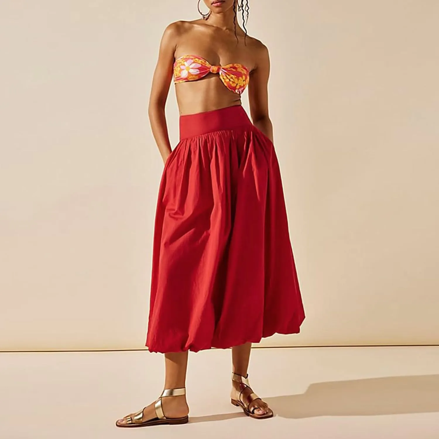 Women Y2k Bubble Maxi Skirt Elastic Low Waist Pleated Long Skirt Ruffle A Line Puffy Midi Skirt Streetwear