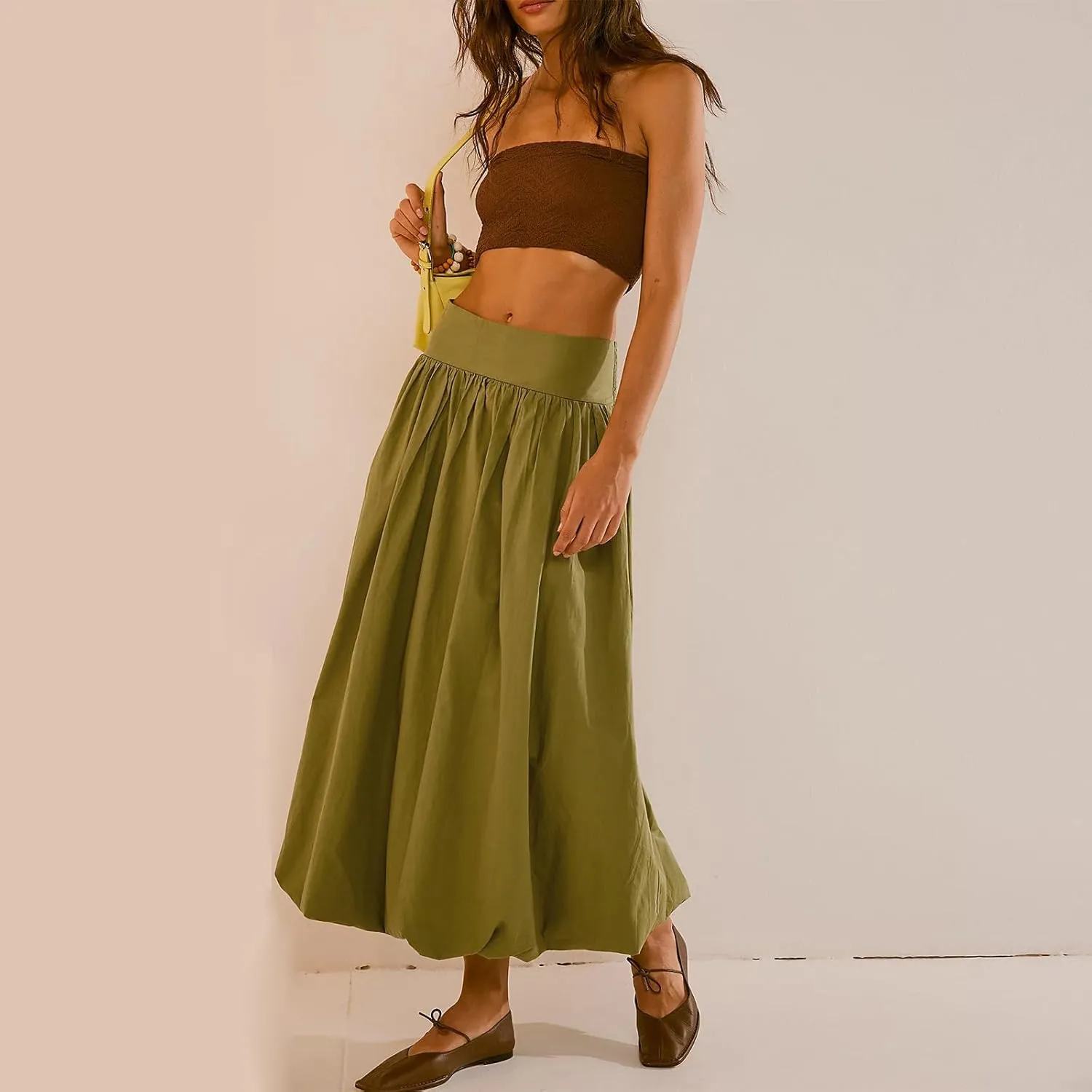 Women Y2k Bubble Maxi Skirt Elastic Low Waist Pleated Long Skirt Ruffle A Line Puffy Midi Skirt Streetwear