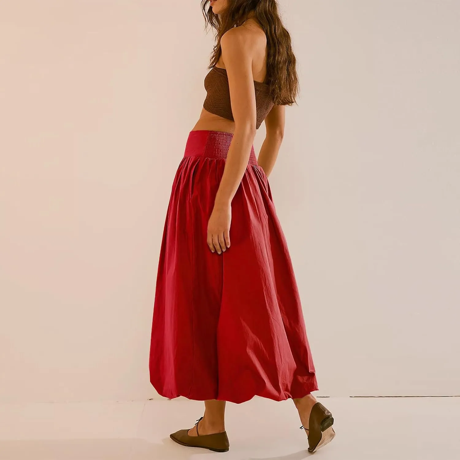 Women Y2k Bubble Maxi Skirt Elastic Low Waist Pleated Long Skirt Ruffle A Line Puffy Midi Skirt Streetwear