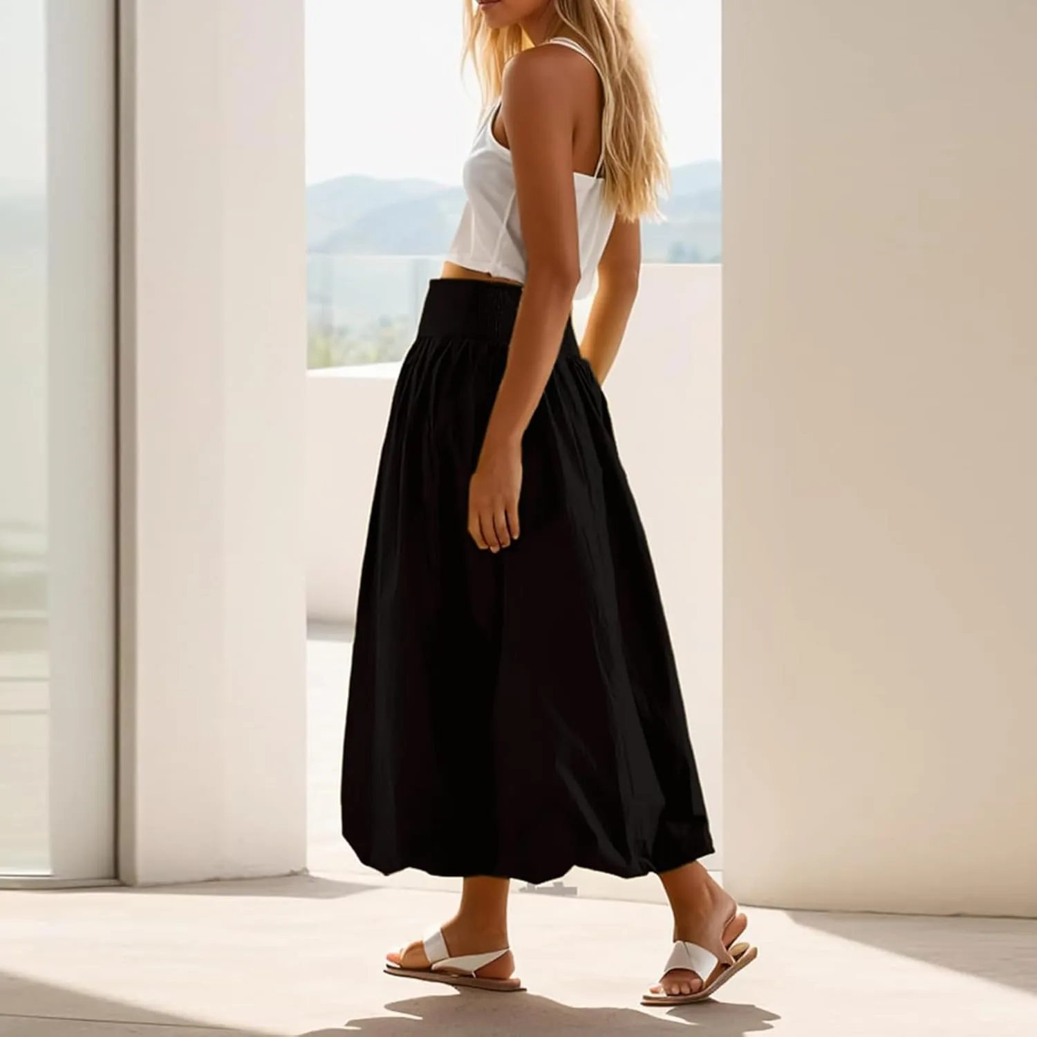 Women Y2k Bubble Maxi Skirt Elastic Low Waist Pleated Long Skirt Ruffle A Line Puffy Midi Skirt Streetwear
