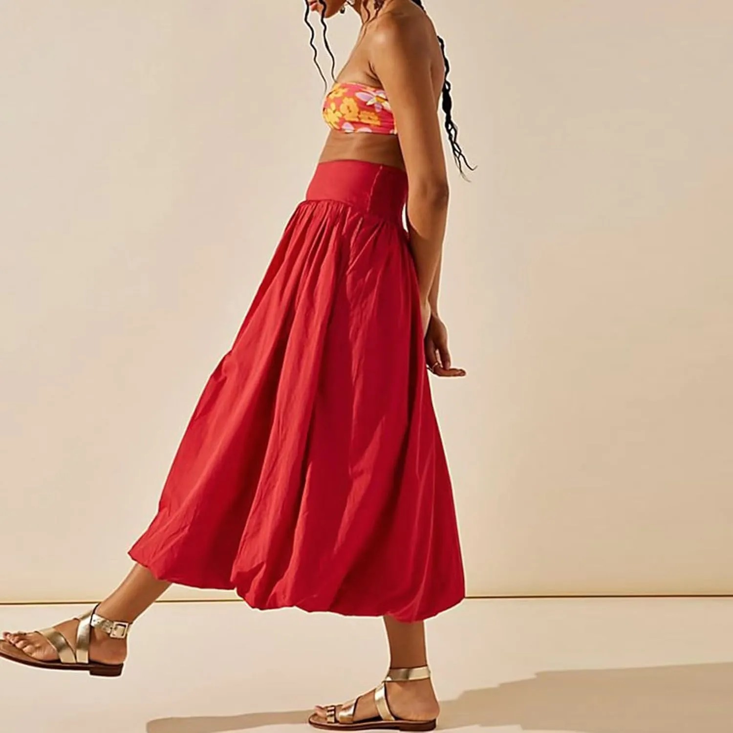 Women Y2k Bubble Maxi Skirt Elastic Low Waist Pleated Long Skirt Ruffle A Line Puffy Midi Skirt Streetwear