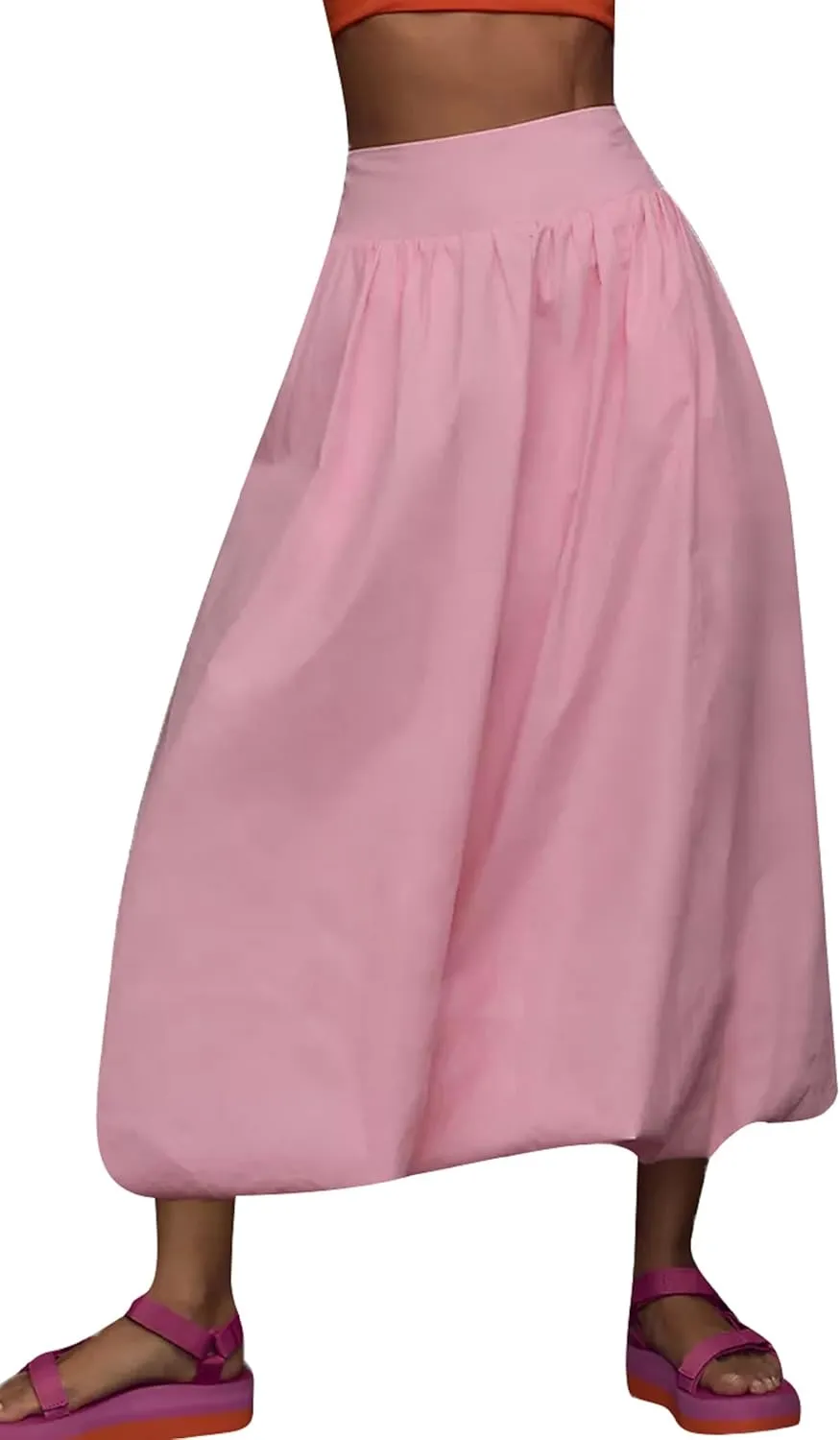 Women Y2k Bubble Maxi Skirt Elastic Low Waist Pleated Long Skirt Ruffle A Line Puffy Midi Skirt Streetwear