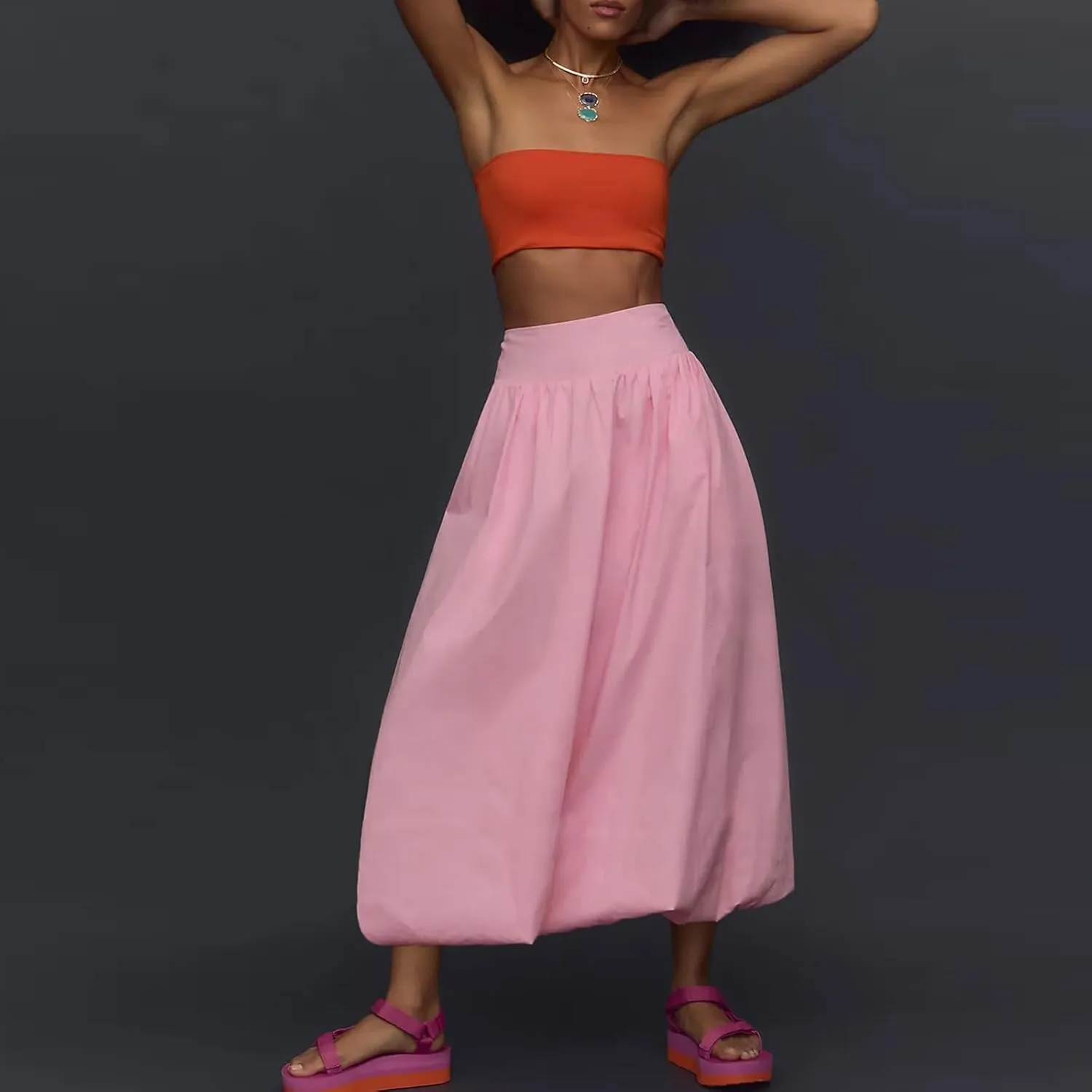 Women Y2k Bubble Maxi Skirt Elastic Low Waist Pleated Long Skirt Ruffle A Line Puffy Midi Skirt Streetwear
