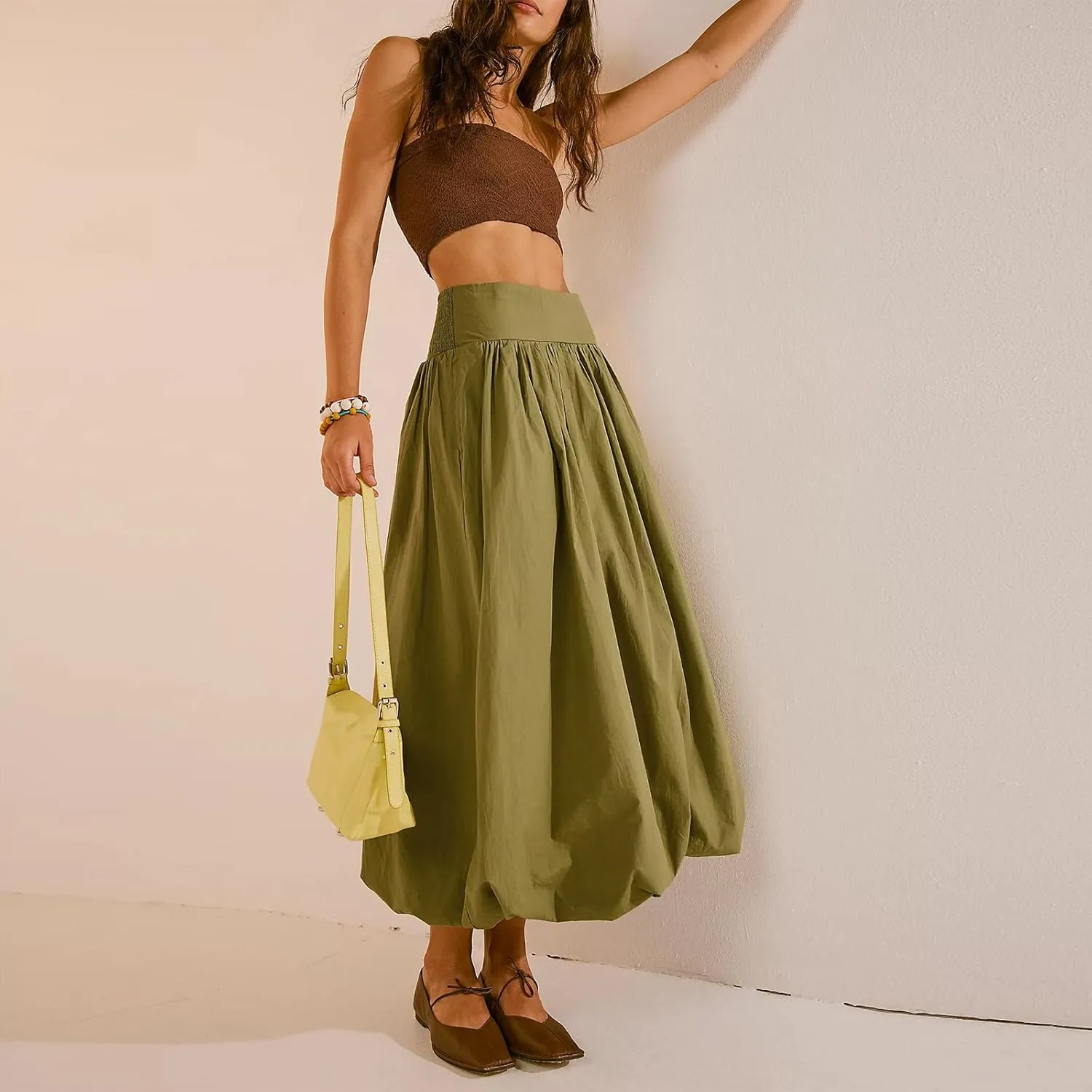 Women Y2k Bubble Maxi Skirt Elastic Low Waist Pleated Long Skirt Ruffle A Line Puffy Midi Skirt Streetwear