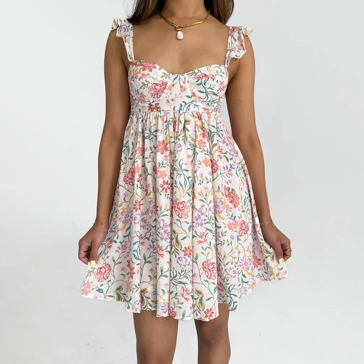 Women Y2K Cute Babydoll Mini Dress Spaghetti Strap Ruffle Sleeve Floral Slip Dress Flowy Going Out Short Dresses