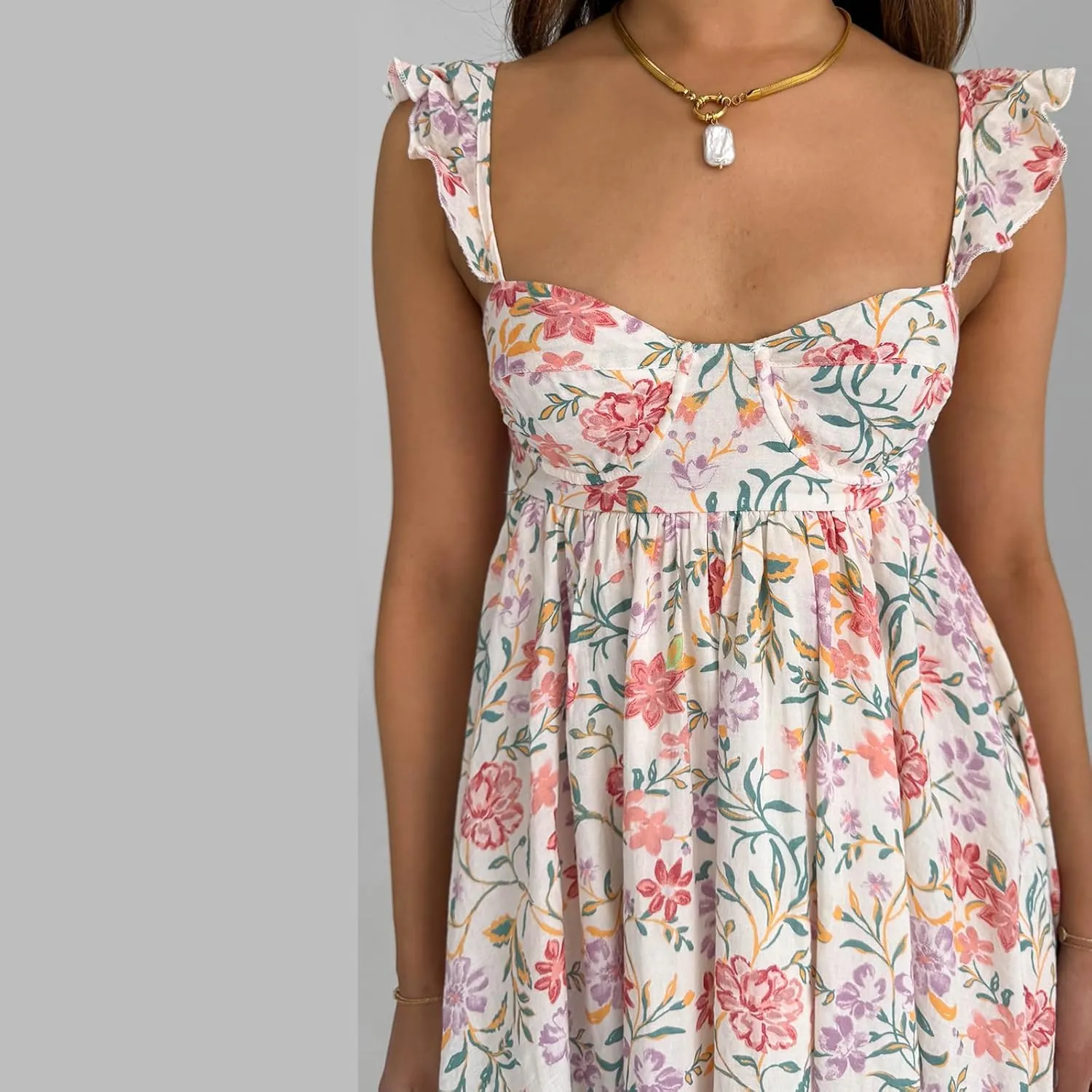 Women Y2K Cute Babydoll Mini Dress Spaghetti Strap Ruffle Sleeve Floral Slip Dress Flowy Going Out Short Dresses