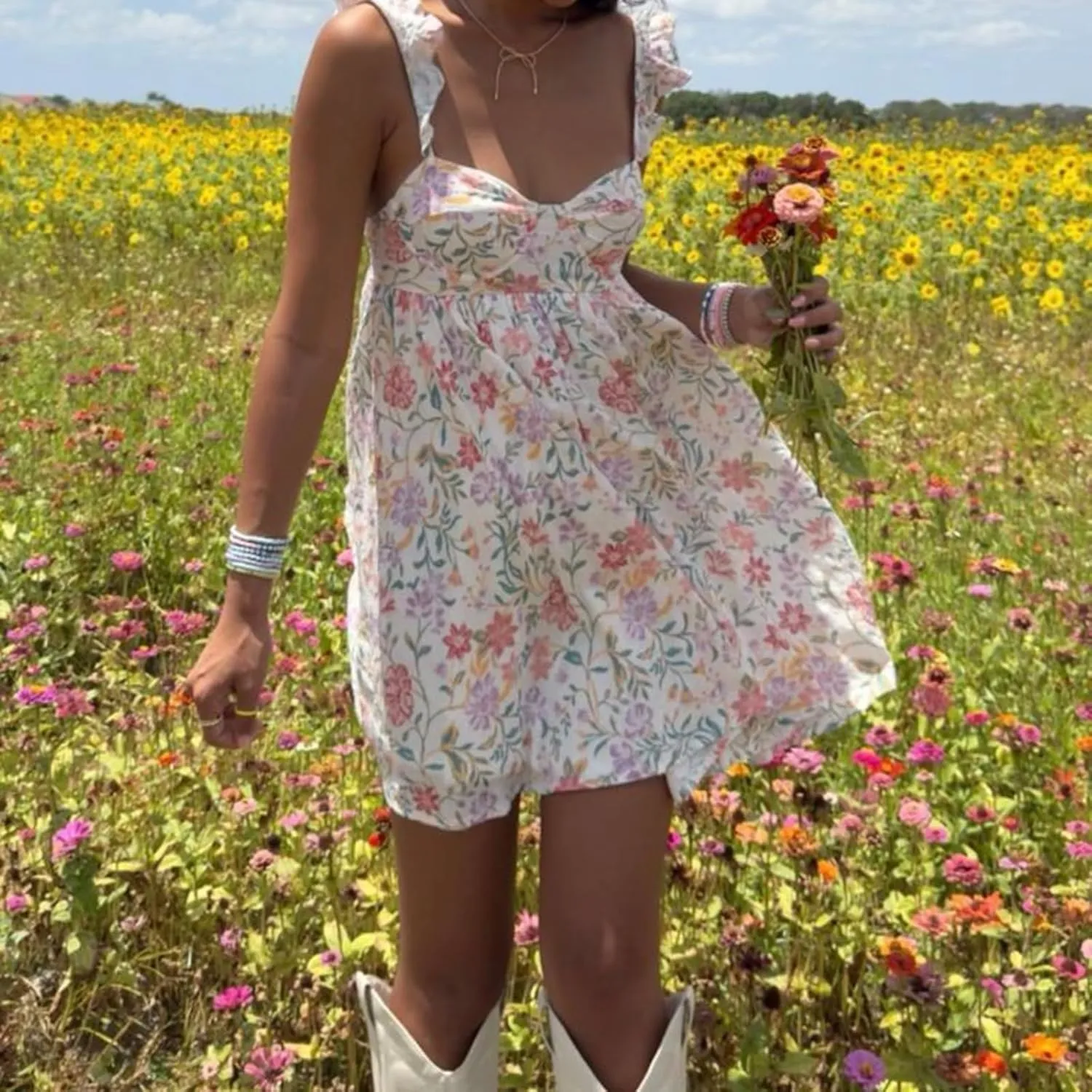 Women Y2K Cute Babydoll Mini Dress Spaghetti Strap Ruffle Sleeve Floral Slip Dress Flowy Going Out Short Dresses
