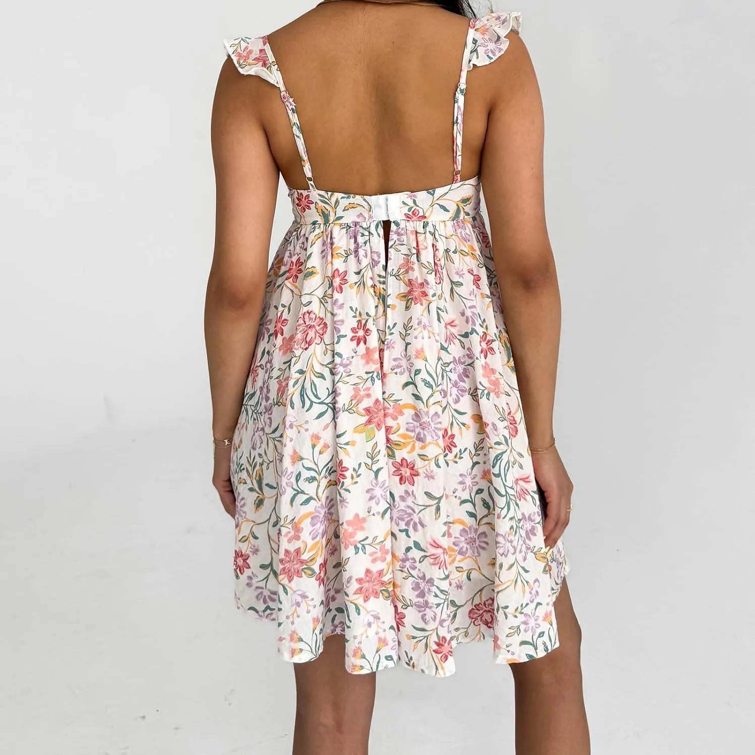 Women Y2K Cute Babydoll Mini Dress Spaghetti Strap Ruffle Sleeve Floral Slip Dress Flowy Going Out Short Dresses
