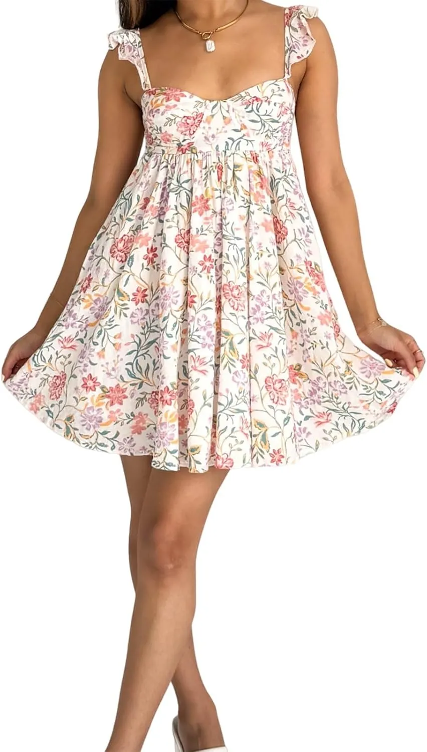 Women Y2K Cute Babydoll Mini Dress Spaghetti Strap Ruffle Sleeve Floral Slip Dress Flowy Going Out Short Dresses