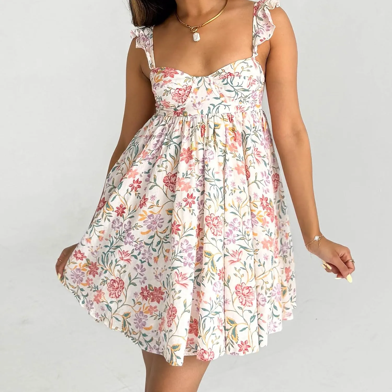 Women Y2K Cute Babydoll Mini Dress Spaghetti Strap Ruffle Sleeve Floral Slip Dress Flowy Going Out Short Dresses