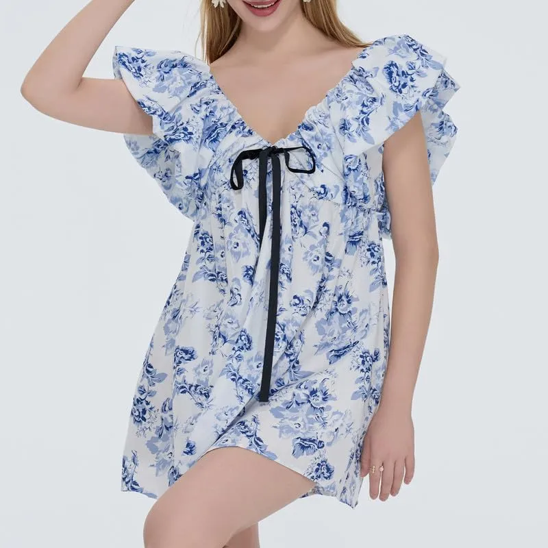 Women Y2k Floral Babydoll Mini Dress Ruffle Backless Bow Tie Short Dress Flowy Boho Beach Vacation Sundress