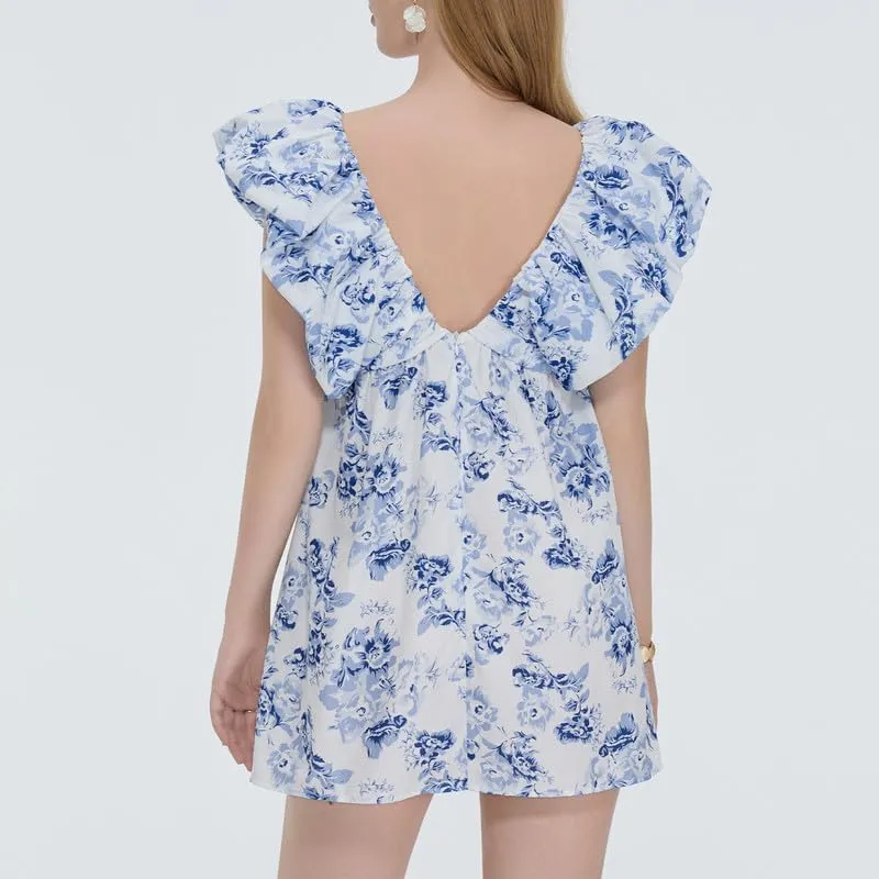 Women Y2k Floral Babydoll Mini Dress Ruffle Backless Bow Tie Short Dress Flowy Boho Beach Vacation Sundress
