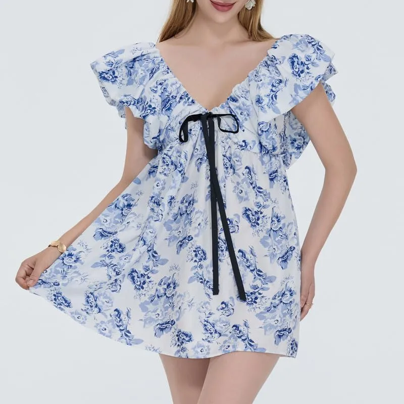 Women Y2k Floral Babydoll Mini Dress Ruffle Backless Bow Tie Short Dress Flowy Boho Beach Vacation Sundress