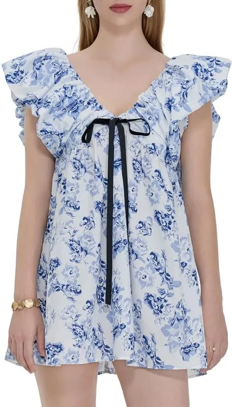 Women Y2k Floral Babydoll Mini Dress Ruffle Backless Bow Tie Short Dress Flowy Boho Beach Vacation Sundress