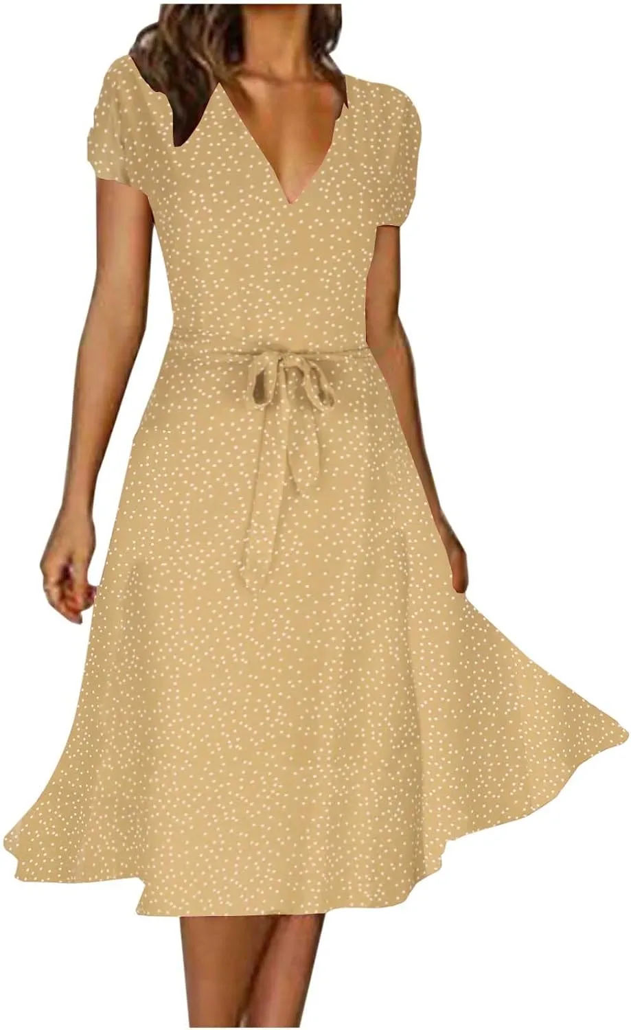 Women's 2024 Summer Casual Boho Sundress Polka Dot Short Sleeve V Neck Flowy Midi Dresses Chiffon Beach Dress