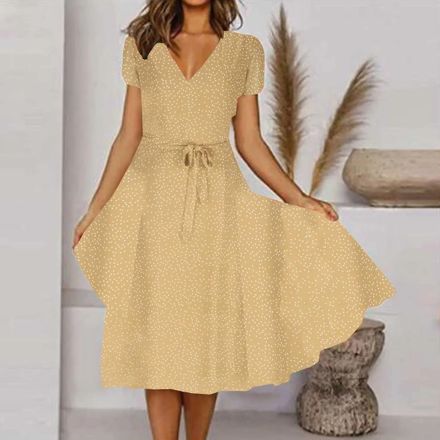 Women's 2024 Summer Casual Boho Sundress Polka Dot Short Sleeve V Neck Flowy Midi Dresses Chiffon Beach Dress