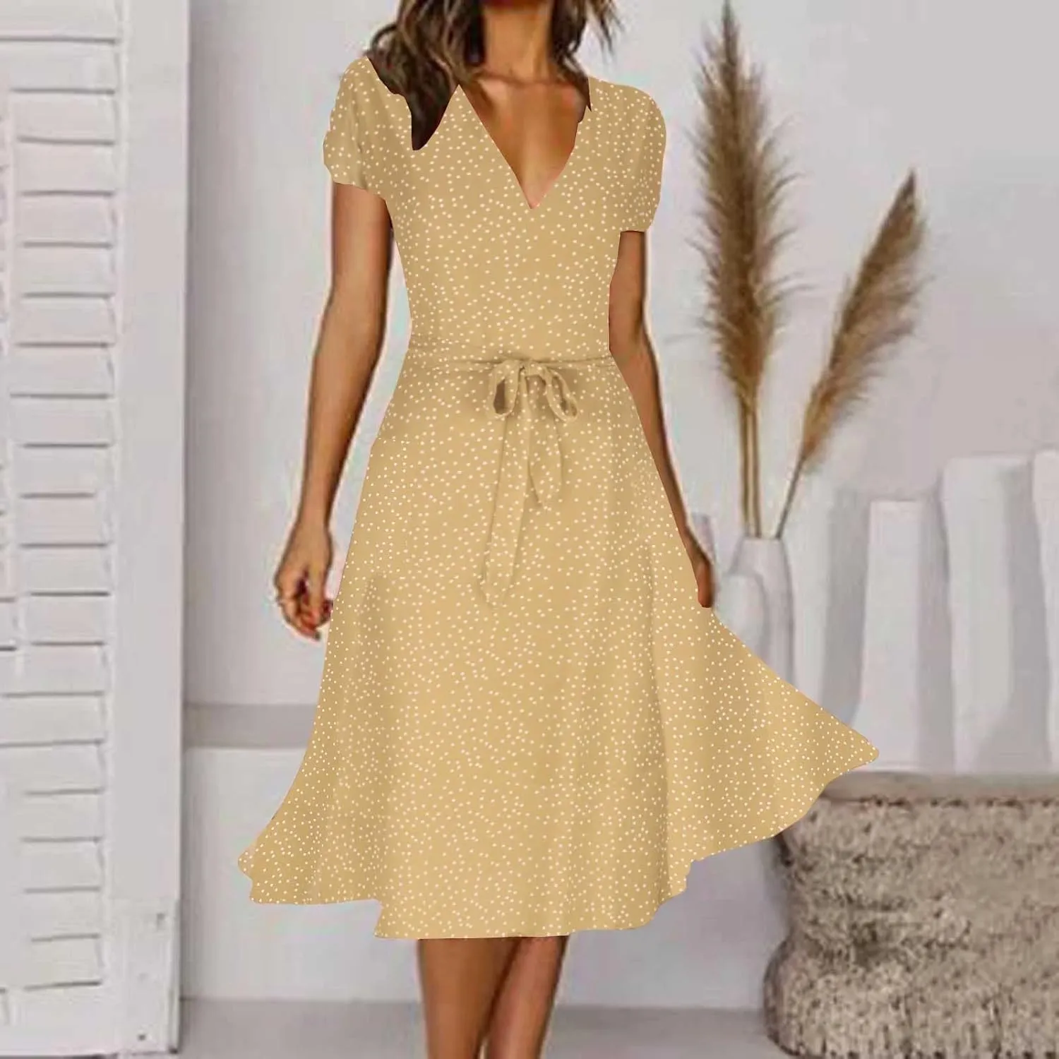 Women's 2024 Summer Casual Boho Sundress Polka Dot Short Sleeve V Neck Flowy Midi Dresses Chiffon Beach Dress