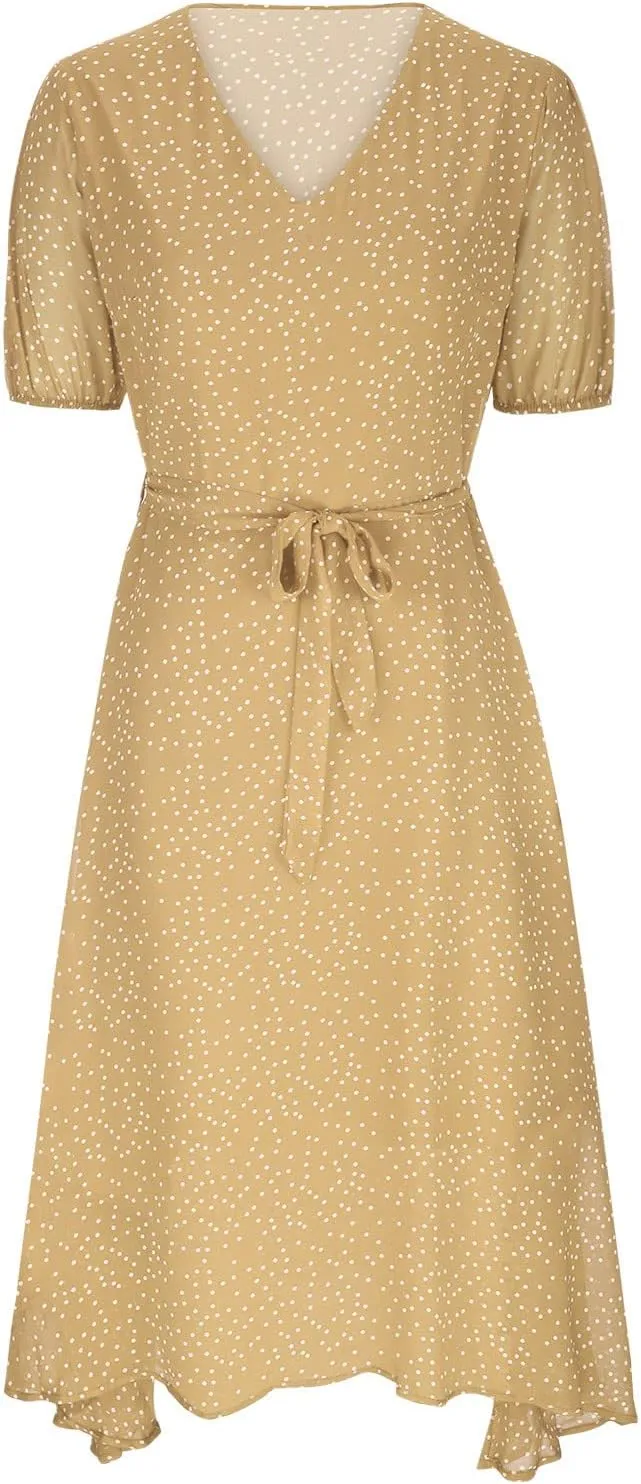 Women's 2024 Summer Casual Boho Sundress Polka Dot Short Sleeve V Neck Flowy Midi Dresses Chiffon Beach Dress
