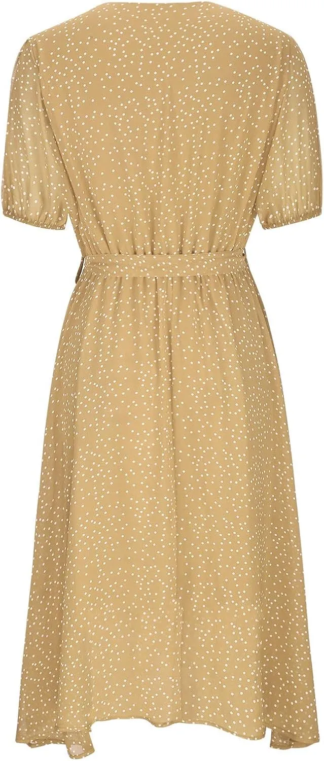 Women's 2024 Summer Casual Boho Sundress Polka Dot Short Sleeve V Neck Flowy Midi Dresses Chiffon Beach Dress