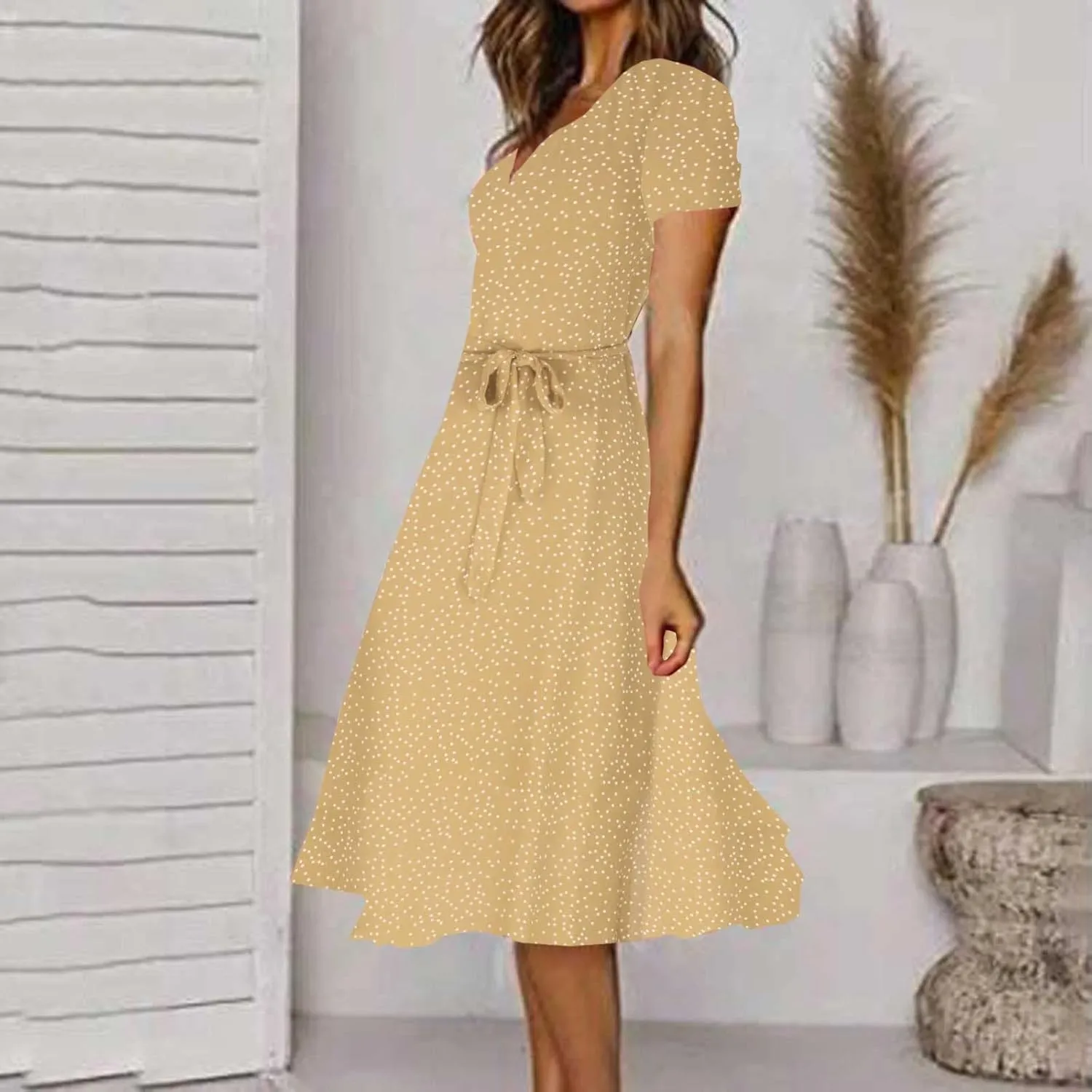 Women's 2024 Summer Casual Boho Sundress Polka Dot Short Sleeve V Neck Flowy Midi Dresses Chiffon Beach Dress