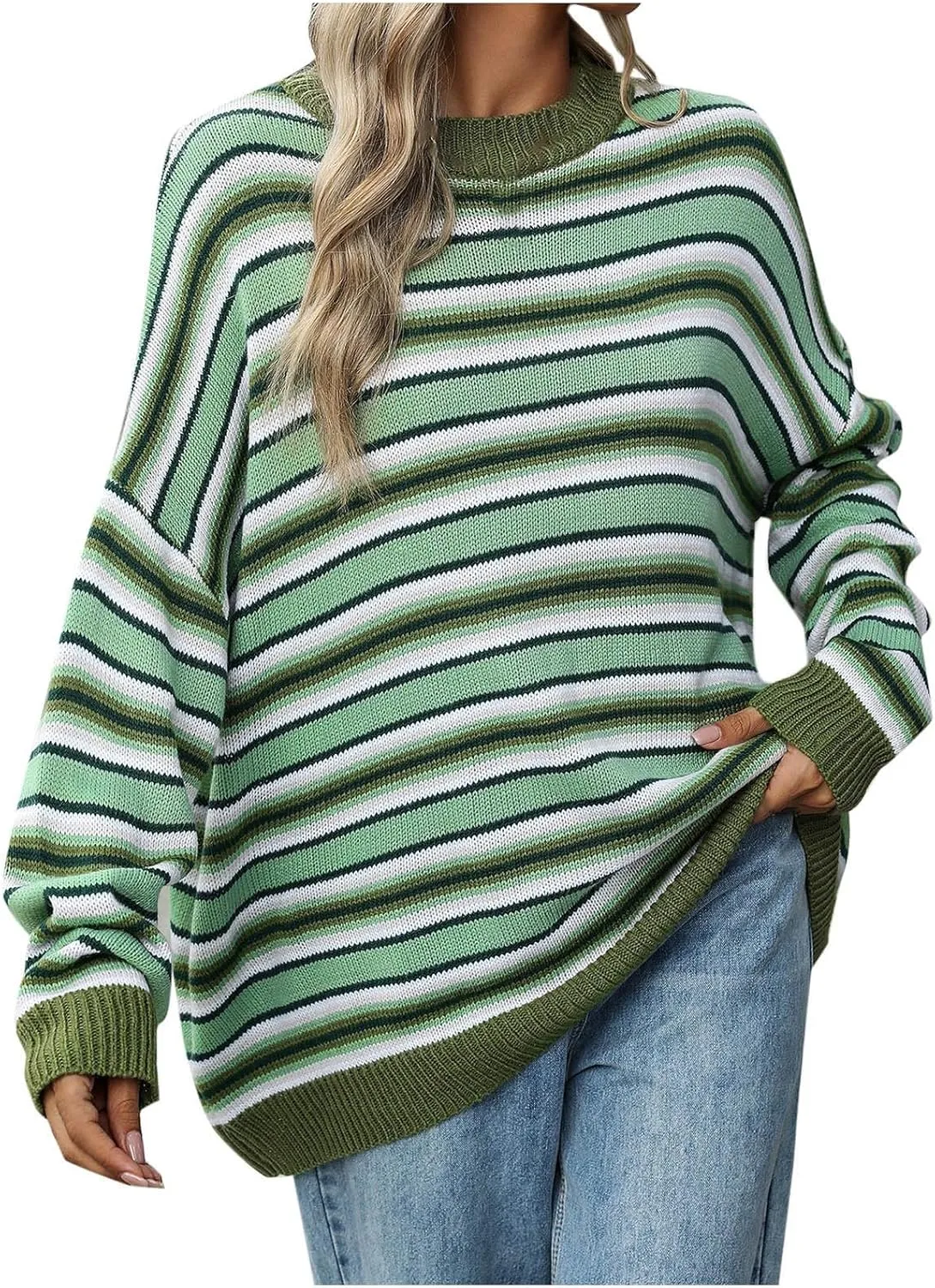 Women's 2024 Winter Pullover Sweater Casual Long Sleeve Crewneck Loose Chunky Knit Jumper Tops Striped Sweater Women