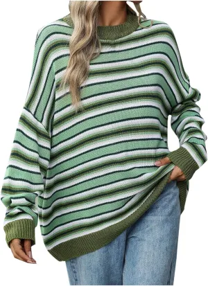 Women's 2024 Winter Pullover Sweater Casual Long Sleeve Crewneck Loose Chunky Knit Jumper Tops Striped Sweater Women