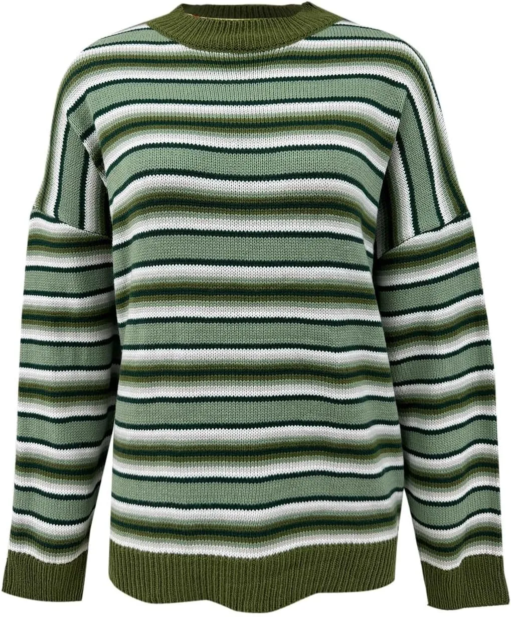 Women's 2024 Winter Pullover Sweater Casual Long Sleeve Crewneck Loose Chunky Knit Jumper Tops Striped Sweater Women