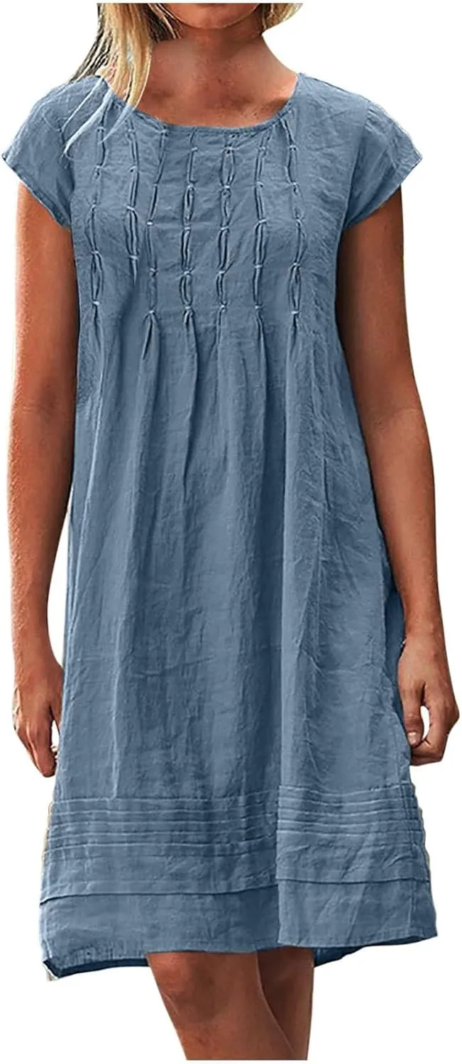 Women's 2025 Plus Size Cap Sleeve Pleated Summer Dresses Cotton Linen Midi Dress Vacation Round Neck Casual Dress