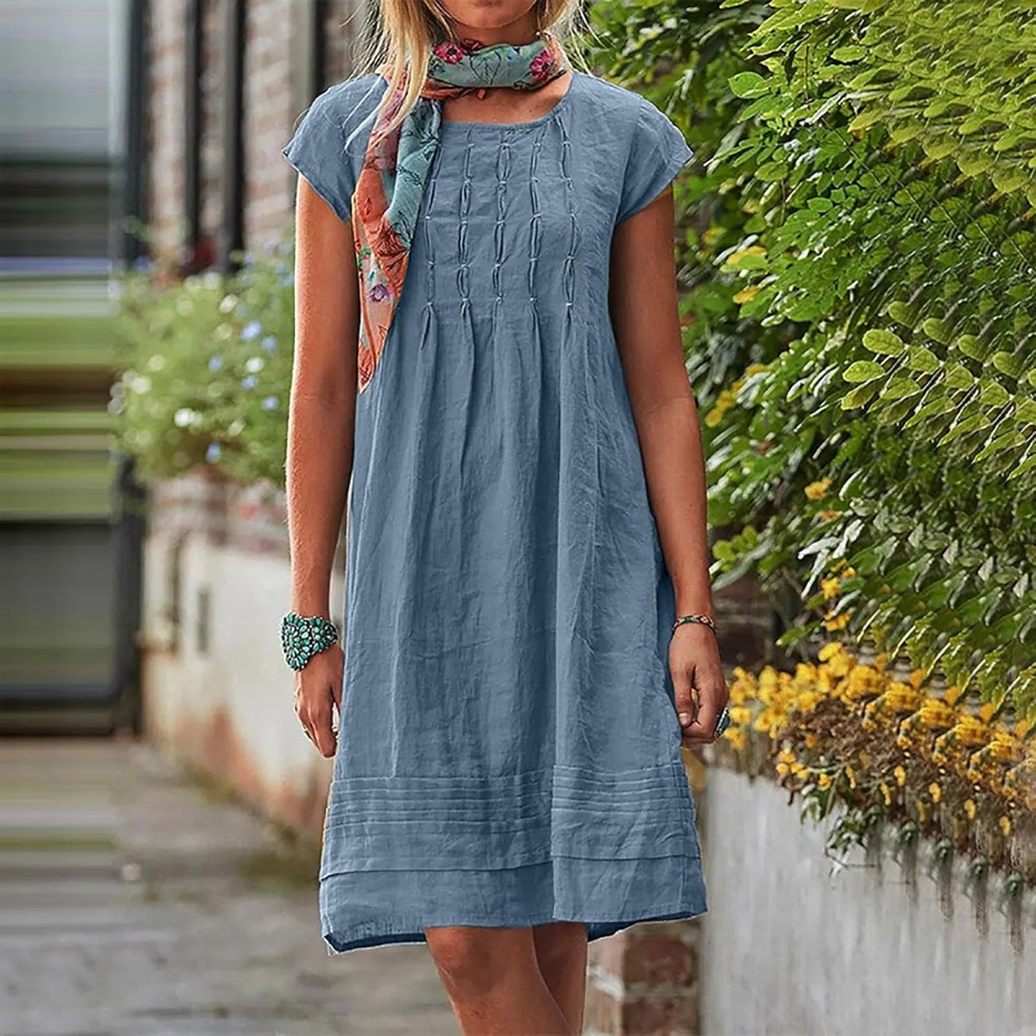 Women's 2025 Plus Size Cap Sleeve Pleated Summer Dresses Cotton Linen Midi Dress Vacation Round Neck Casual Dress