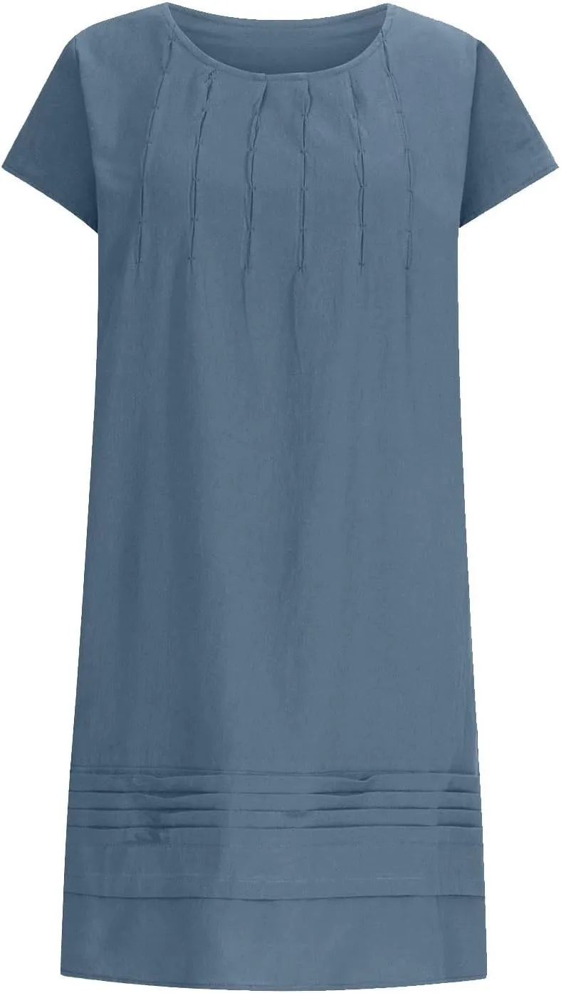 Women's 2025 Plus Size Cap Sleeve Pleated Summer Dresses Cotton Linen Midi Dress Vacation Round Neck Casual Dress