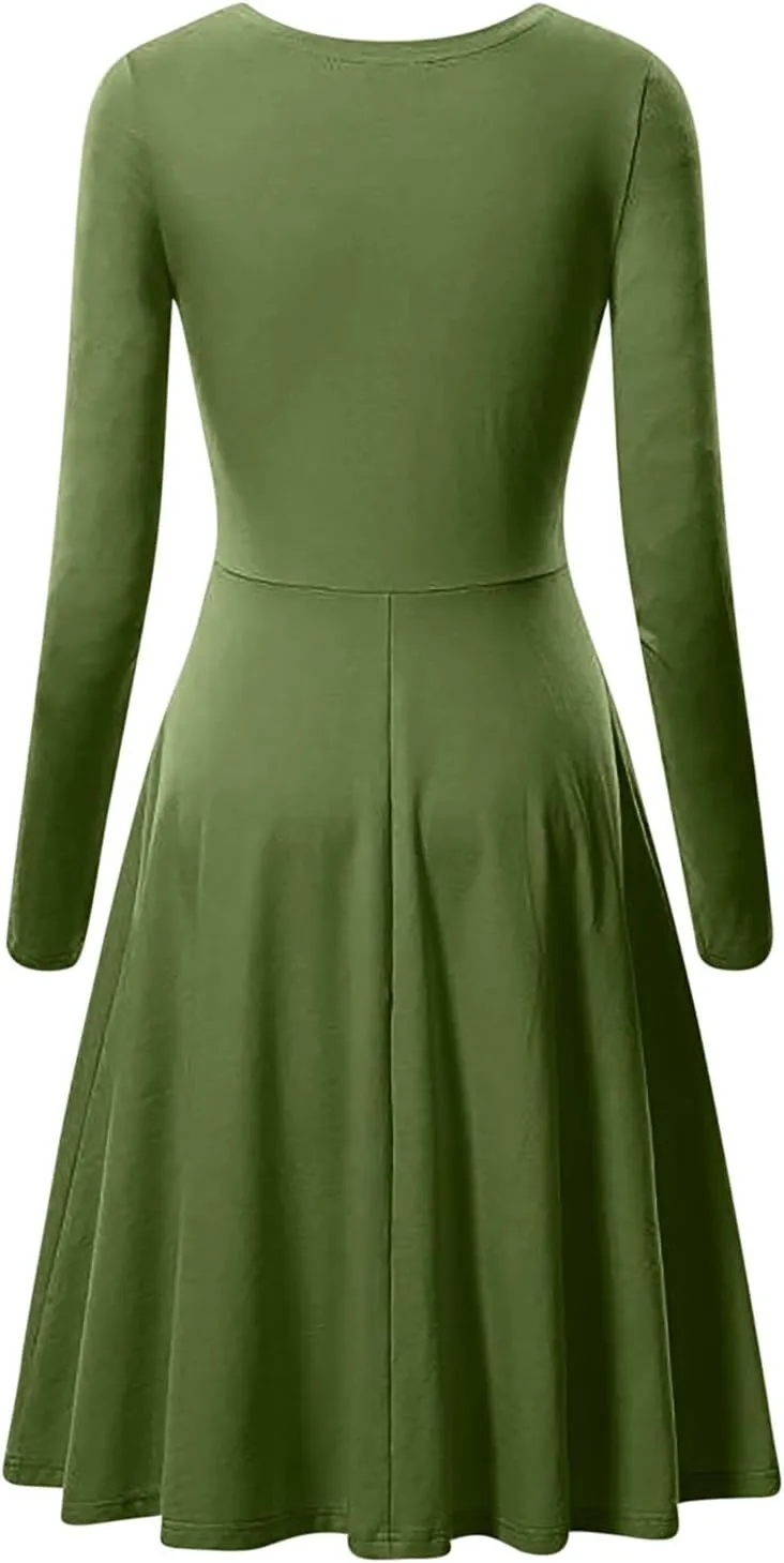 Womens 2025 Trendy Dresses Crew Neck Long Sleeve A Line Loose Casual Midi Dress Solid Coloer Swing Plus Size Dress