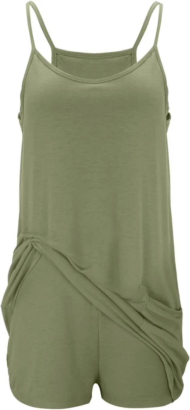 Womens Athletic Mini Dress Summer Romper Dresses Spaghetti Strap Sundress with Built-in Shorts Tennis Workout Rompers