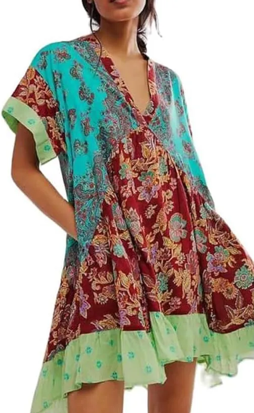 Womens Boho Mini Dress Y2k Floral Deep V-Neck Puff Sleeve Short Dresses 2025 Summer Causal Beach Mini Sundress