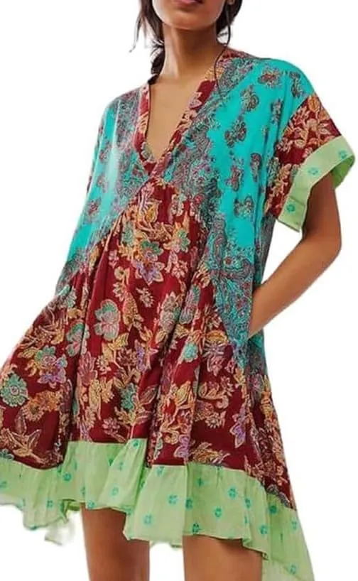 Womens Boho Mini Dress Y2k Floral Deep V-Neck Puff Sleeve Short Dresses 2025 Summer Causal Beach Mini Sundress