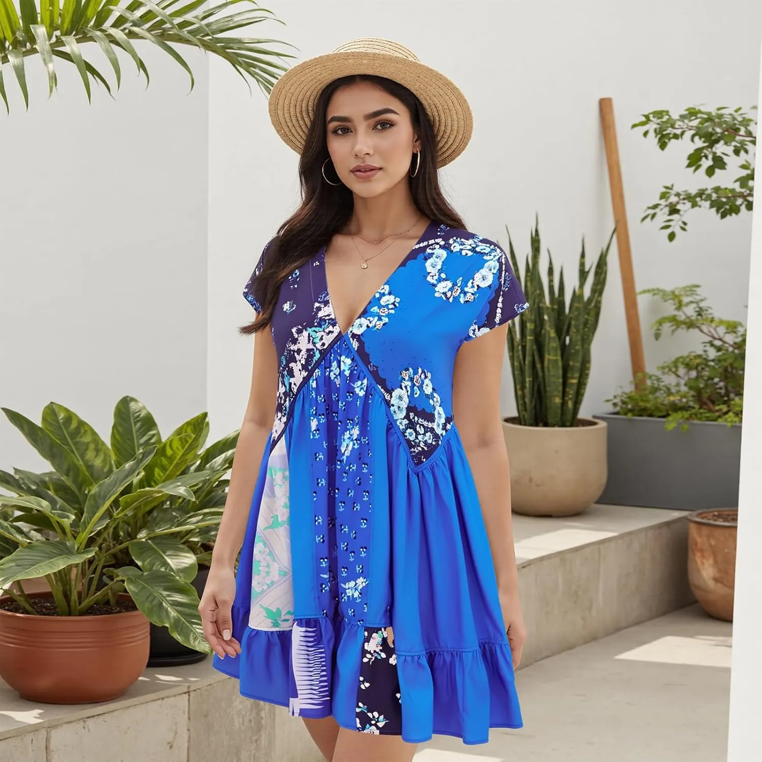 Womens Boho Mini Dress Y2k Floral Print Deep V-Neck Puff Sleeve Short Dress 2025 Summer Loose Beach Sundress